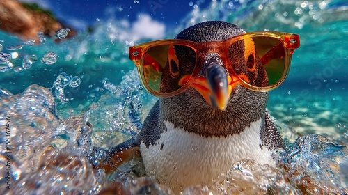 Penguin surfing on ocean wave wearing sunglasses. Fisheye lens
