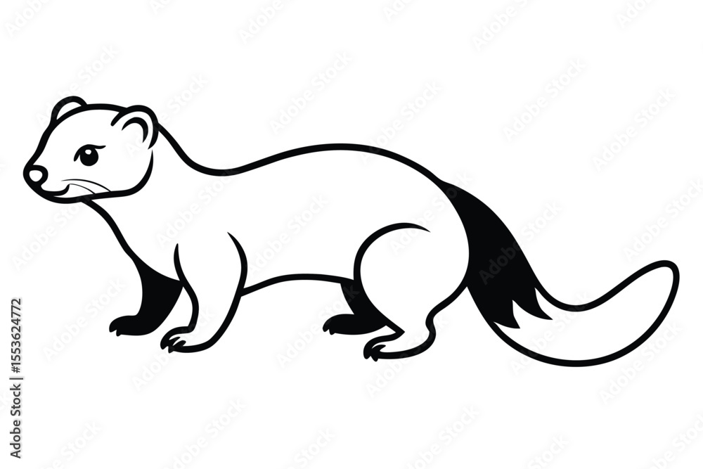 Fototapeta premium Cartoon stoat with black tail stands facing left against a white backdrop