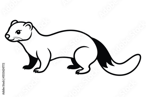 Cartoon stoat with black tail stands facing left against a white backdrop
