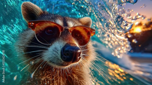 Raccoon surfing on ocean wave wearing sunglasses. Fisheye lens.