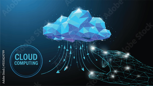Cloud Computing Network: A stylized polygonal hand interacts with a vibrant blue cloud, symbolizing data flow and connectivity in the realm of cloud computing.