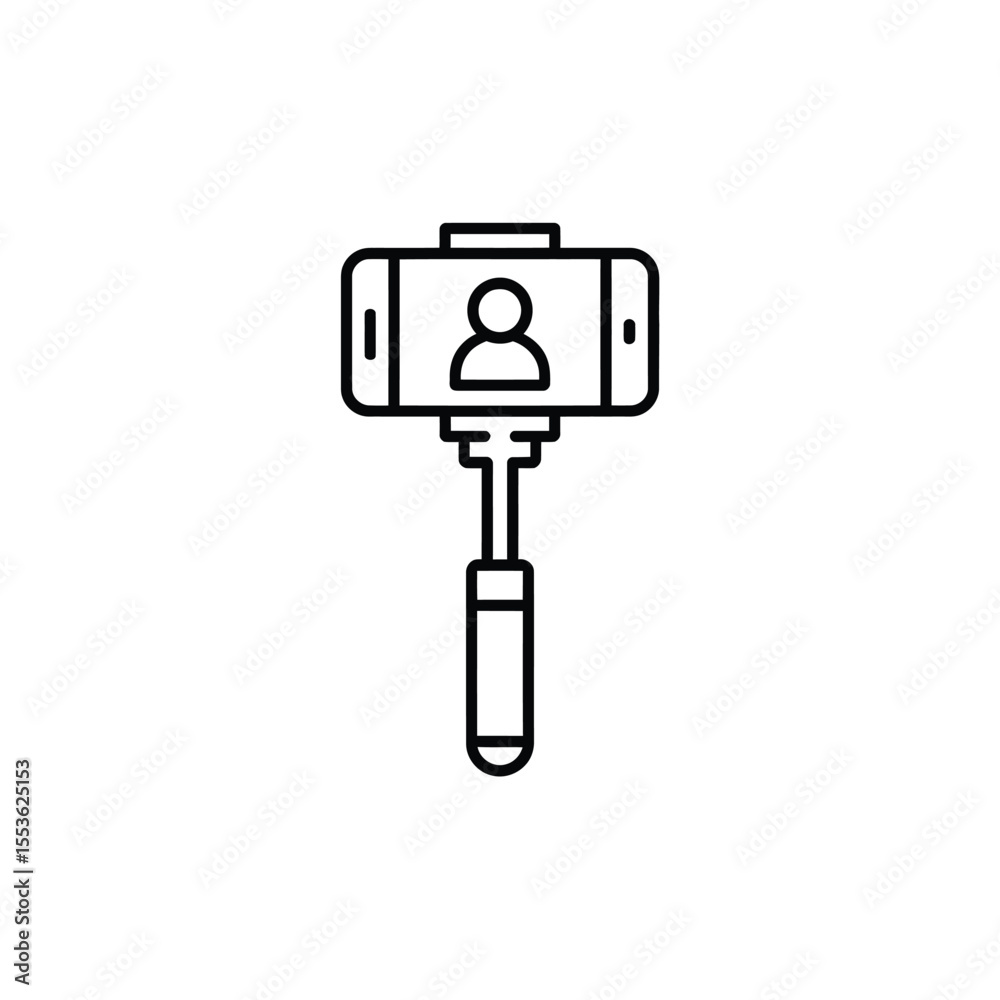 Simple line icon of a selfie stick holding a smartphone with a person icon Simple line icon of a selfie stick holding a smartphone with a person icon
