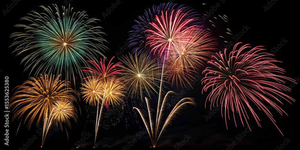 Fototapeta premium Fireworks in the night sky. A summer festival. Sparks. A summer tradition. Festivals.