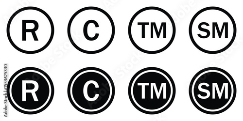 Copyright, Trademark, and Registered Symbol Icons Set – Intellectual Property Vector Collection