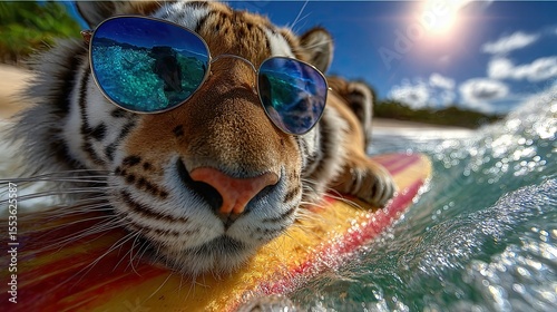 Tiger riding a surfboard. On the crest of a wave in sunglasses. Fisheye lens