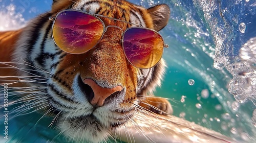 Tiger riding a surfboard. On the crest of a wave in sunglasses. Fisheye lens