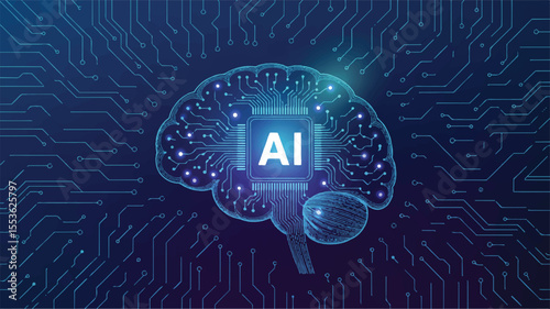 AI-powered Brain: A futuristic representation of artificial intelligence merging with the human mind, depicted as a glowing brain intricately intertwined with circuit board patterns.