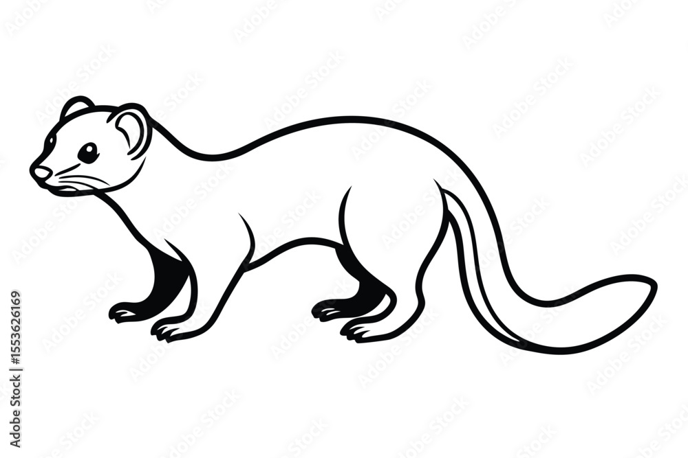 Fototapeta premium Animated ferret outline poses gracefully with a curious gaze over its shoulder in monochrome