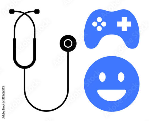 Stethoscope, game controller, and smiling face visualizing the link between health, gaming, and wellness. Ideal for telemedicine, gamification, mental health, digital therapy medical apps wellness