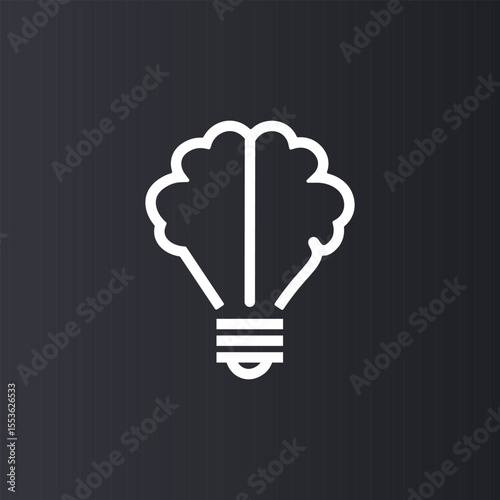 A clean white line art illustration of a lightbulb containing a brain-like shape, set against a dark background. Symbolizes ideas, intelligence, creativity, and innovation.