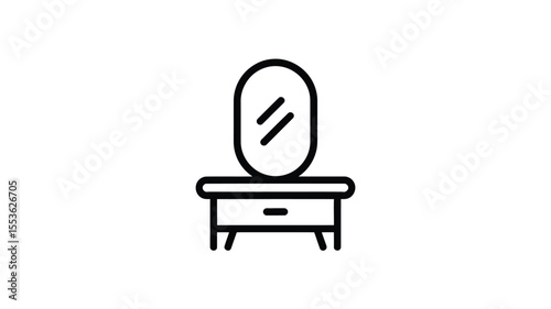 Simple black line icon of a vanity table with an oval mirror and a drawer