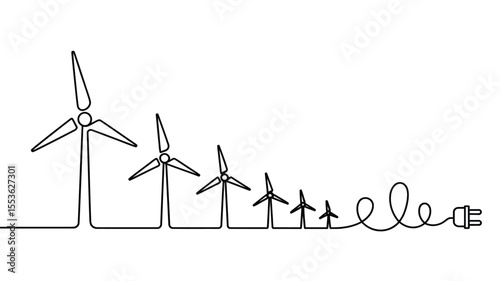 Wind turbines in a continuous line drawing connected to an electrical plug