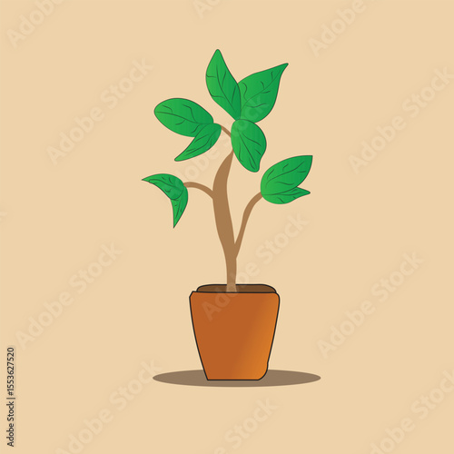 A simple and vibrant illustration of a small plant with green leaves in a brown pot, casting a subtle shadow on a light brown background. Represents nature, growth, and home decor.