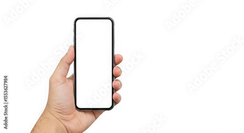 Hand holding a smartphone with a blank white screen against a transparent background