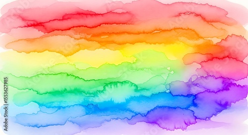 Colorful abstract watercolor background with horizontal rainbow gradient wash blending red, orange, yellow, green, blue, and purple, cheerful mood JPG