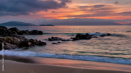 Sunset Over Ocean And Beach With Rocky Coastline And Reflections