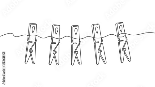 Minimalist single line drawing of five clothespins hanging on a clothesline