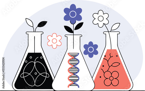 Abstract cartoon flowers morphing and evolving in flasks with DNA coils visible inside