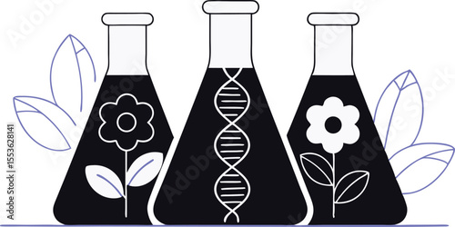 Abstract cartoon flowers morphing and evolving in flasks with DNA coils visible inside