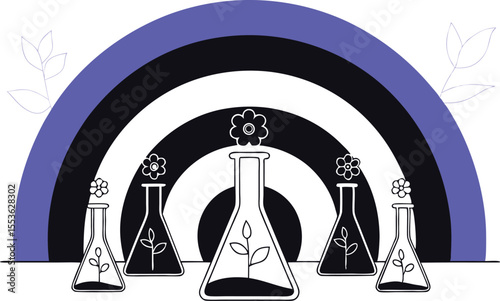 Beakers and vials arranged in concentric rings, each growing a stylized flower species