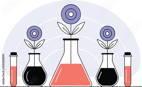Beakers and vials arranged in concentric rings, each growing a stylized flower species