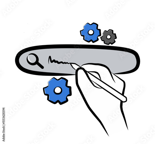 Hand writing in search bar with gear and magnifying glass icons illustration representing ai customization or search settings