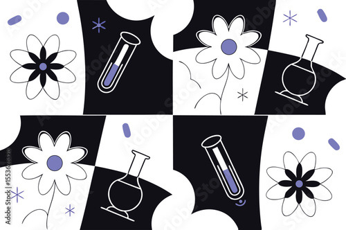 Bold, pop-art-style panels of chemistry equipment and flowers combined into comic grid layouts