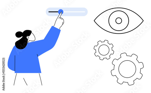 Woman interacting with slider control, accompanied by eye and gear icons. Ideal for user preferences, vision, customization, settings, optimization, user interface, simple landing page