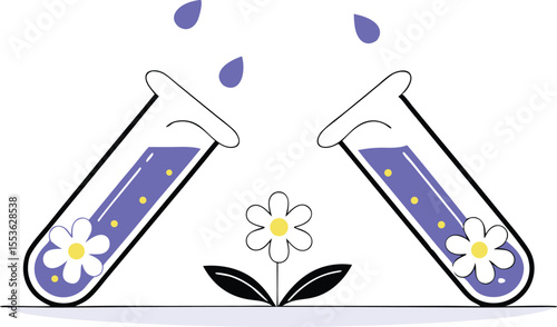 Cartoon test tubes raining droplets, which blossom into tiny toon flowers as they hit a soft lab ground