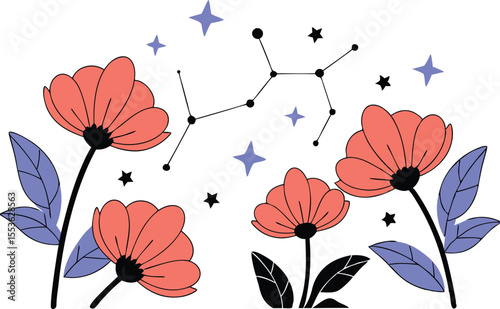 Constellation-like vector map of starry points forming floral shapes, atoms glowing at the nodes