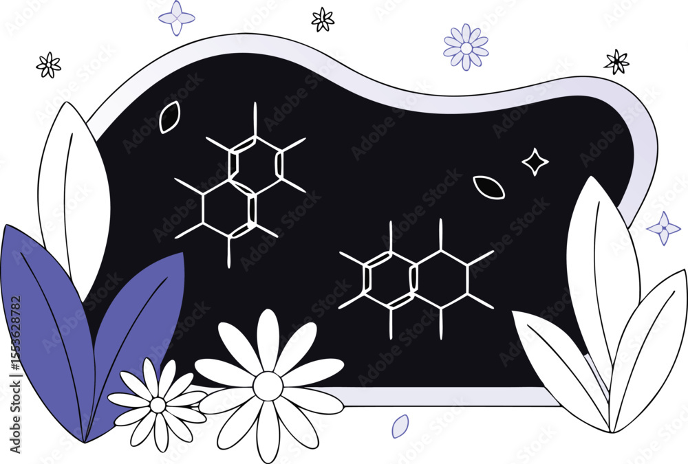 Hand-drawn vector flowers and chemical diagrams on a blackboard texture, in stylized white linework