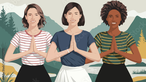 Three serene diverse women smiling in a prayer pose against a stylized mountain landscape