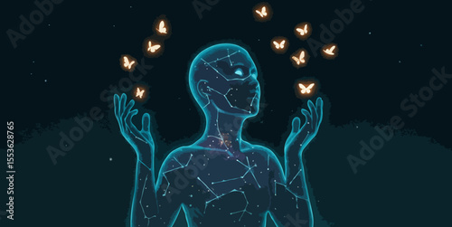 Mystical constellation figure releasing glowing butterflies into a starry night sky