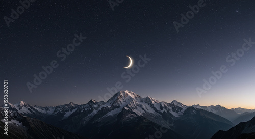 Crescent moon over snowy mountains