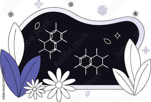 Hand-drawn vector flowers and chemical diagrams on a blackboard texture, in stylized white linework