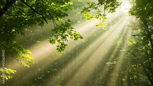 Sunbeams piercing misty forest canopy lush green foliage