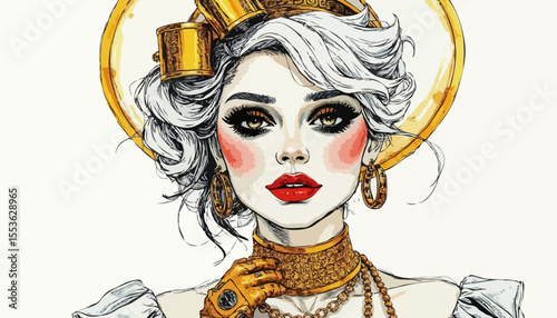 High fashion sketch of a beautiful woman with dramatic makeup and a golden hat against a white background [with spaces for text]