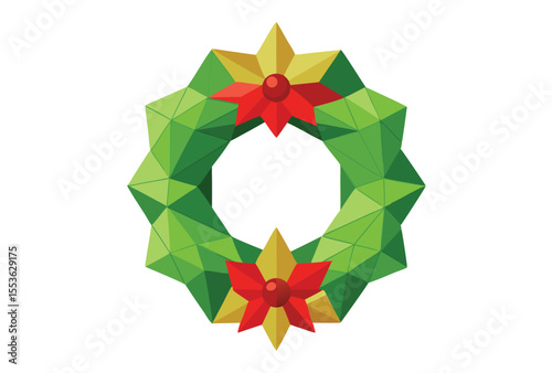 Christmas wreath low poly vector, geometric polygonal holiday decoration clipart