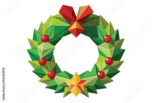 Low poly Christmas wreath illustration, polygon geometric style vector holiday