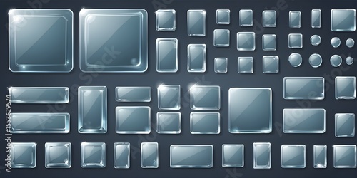 set of transparent glass on sample background. Glass framework set. Glass square, rectangular and round buttons on checkered background. Vector illustration.