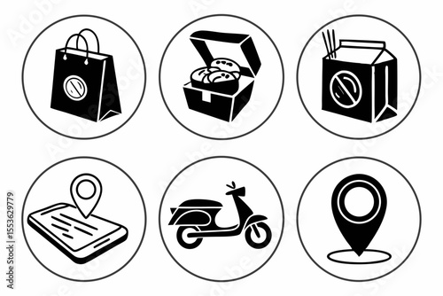 Black and white food delivery icons isolated on a white background