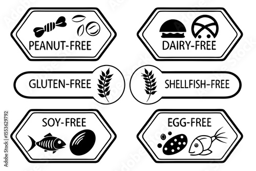 Allergen free food labels isolated on white background in black and white
