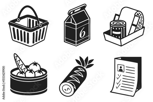 Grocery basket with milk toilet paper tomatoes carrot and resume