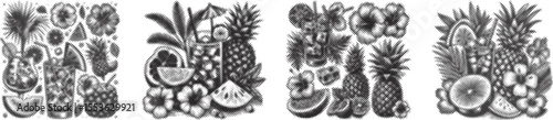 Tropical cocktails with ice, palm leaves, watermelon, pineapple, hibiscus flowers black engraving, halftone stipple bundle design, summer drinks vector art, exotic fruit illustration set