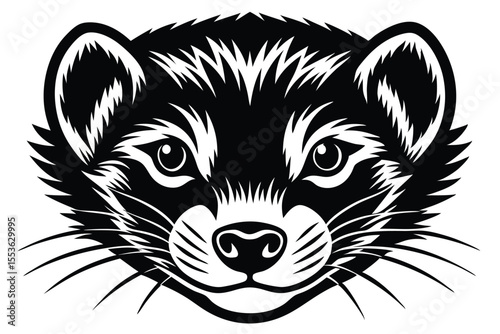 A stylized raccoon head showcases a symmetrical design with striking eyes on a white background