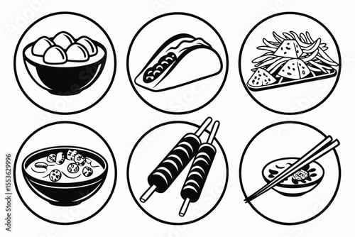 Variety of asian cuisine icons isolated on white background