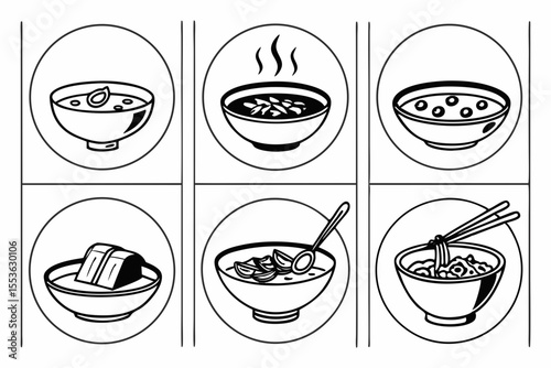 Various bowls of soup isolated on white background