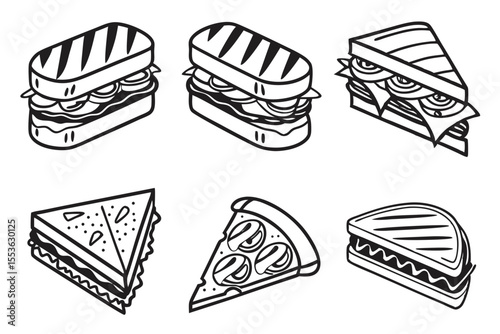 Various sandwiches and pizza slice with different fillings illustration