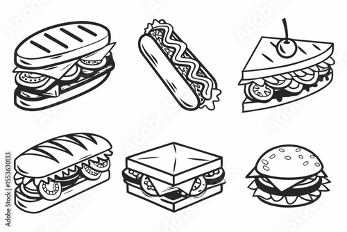 Various sandwiches and burger with different fillings illustration