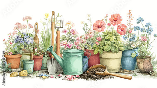 A collection of colorful spring flowers and gardening tools in a vibrant garden